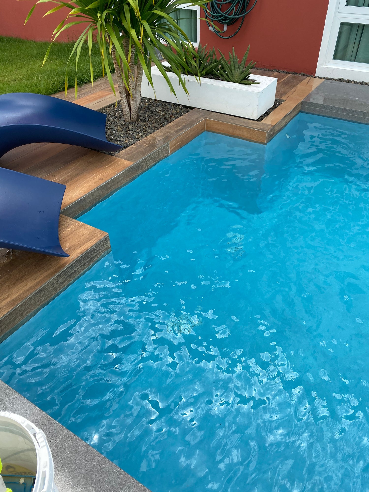 Piscina moderna en Puerto Rico con sillas "lounge chairs" y lozas en madera en el patio